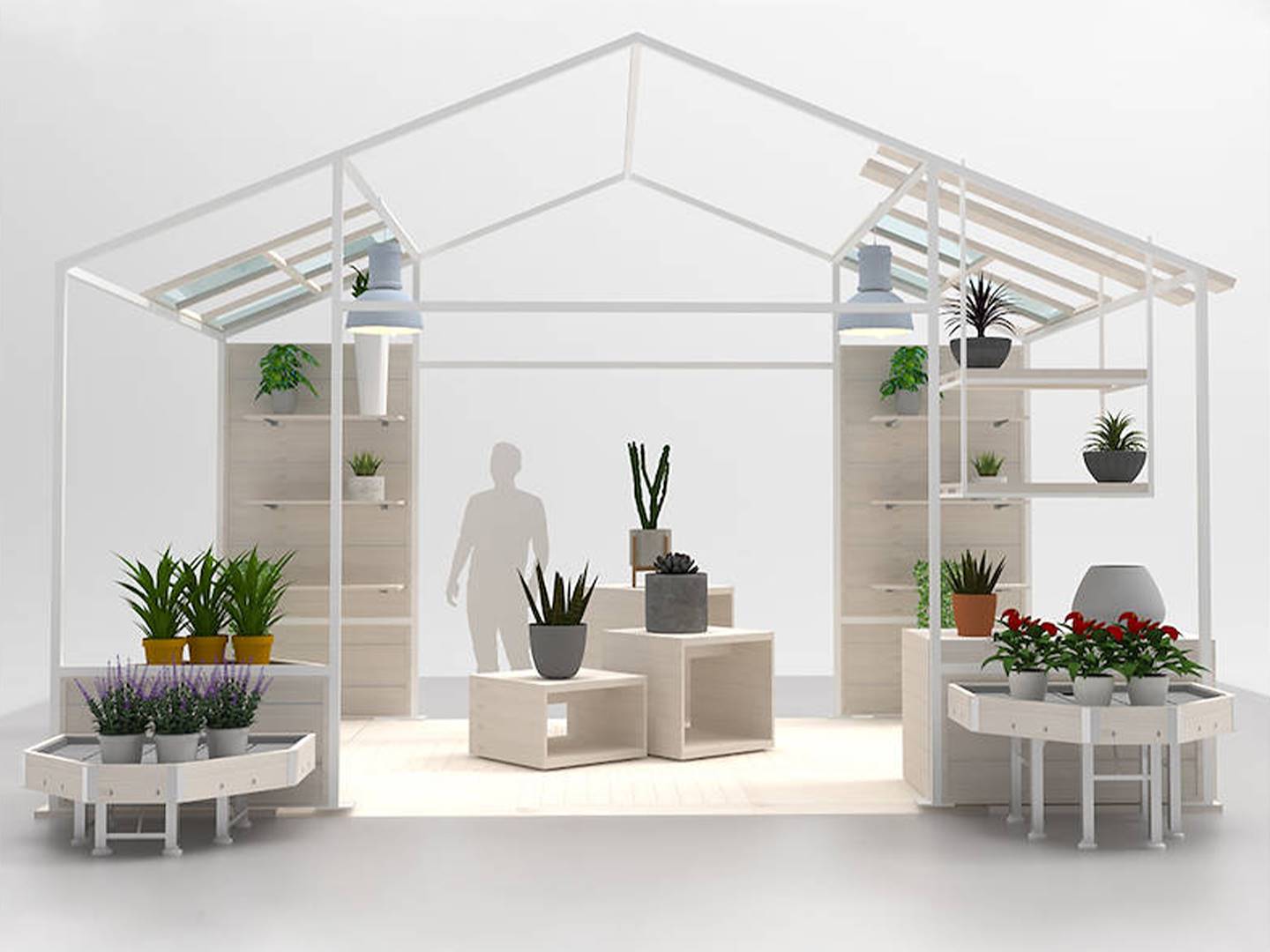 Format La "serre" - Garden Center Identity, Couleur: Bois blanc, Optional: Serre équipée avec présentoirs