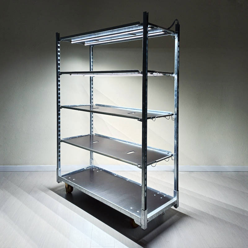 Carrito DC con kit de iluminación led para GERMINACIÓN E INJERTO, Optional: Sin bandeja DC, Paquete: 6 carritos DC, Rellanos: 4 estantes con luces