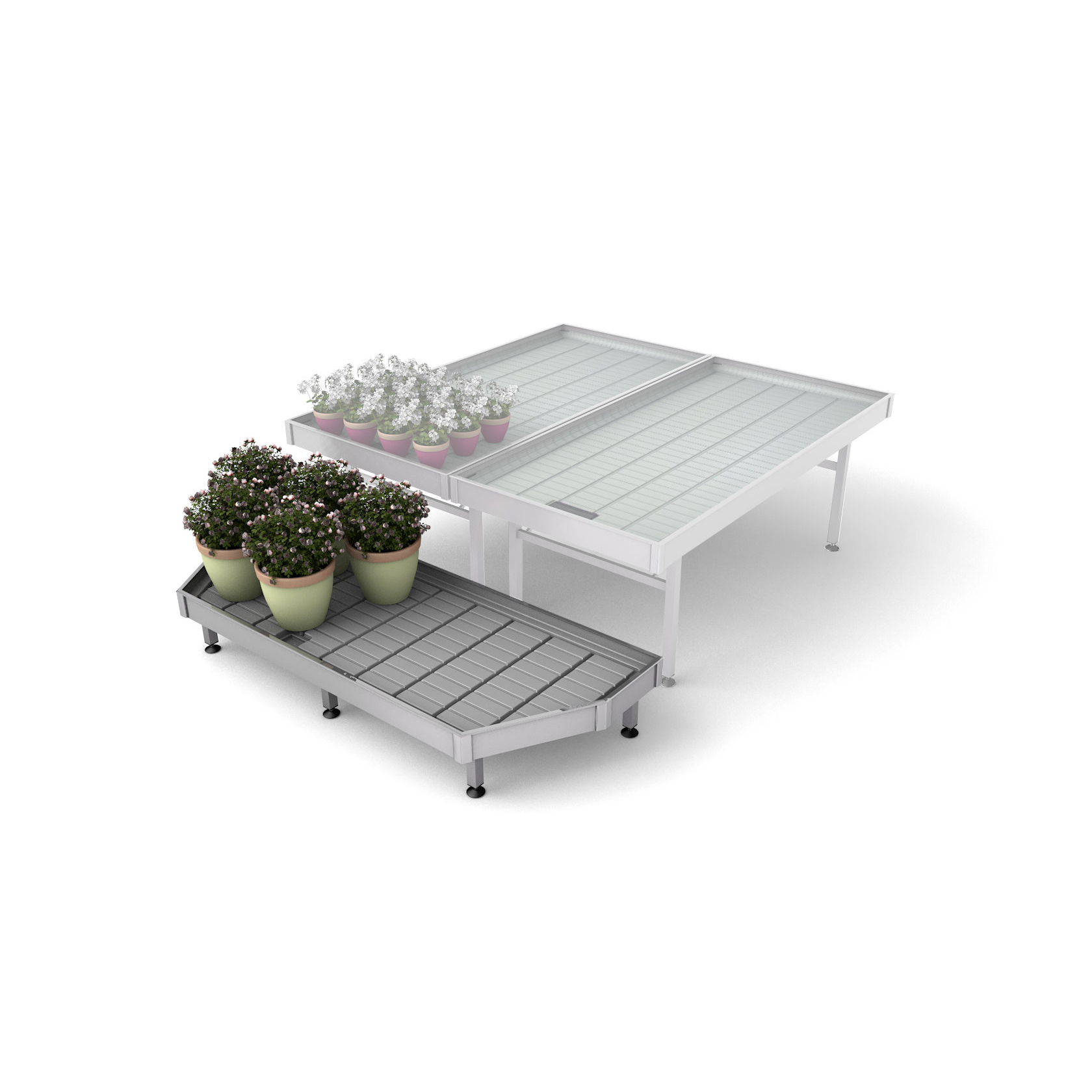Cabecera en aluminio para mesas para plantas y flores, Dimensión: End Cap para paleta ancho 2050 mm, Altura: h 350 mm