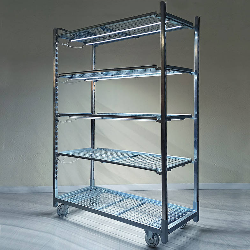 Chariot grillagé avec kit d'éclairage LED pour GERMINATION ET GREFFAGE, Optional: Sans bacs à eau DC, Paquet: 18 Chariots, Étagères: 4 étagères avec éclairage