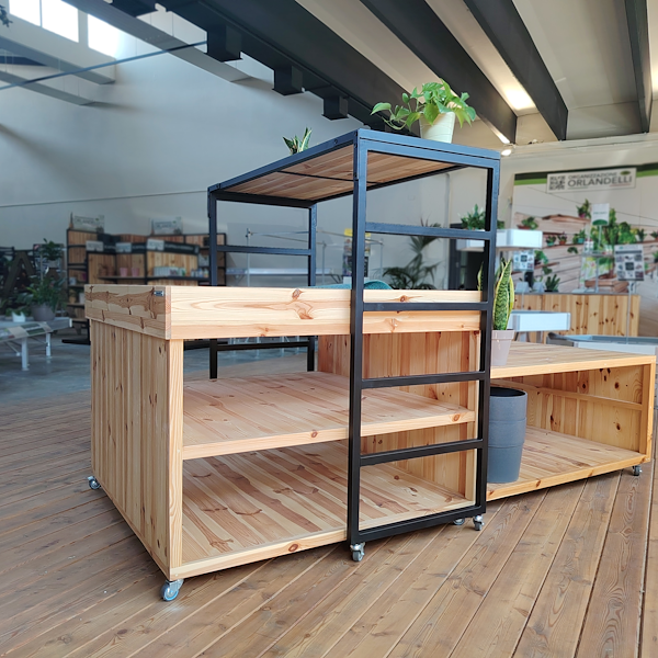 Elevated bridge shelf in natural wood with black painted iron frame
