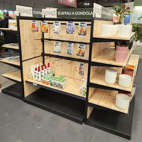 Góndola de madera natural con perfil de hierro negro, 360 x 120 x h 150 cm
