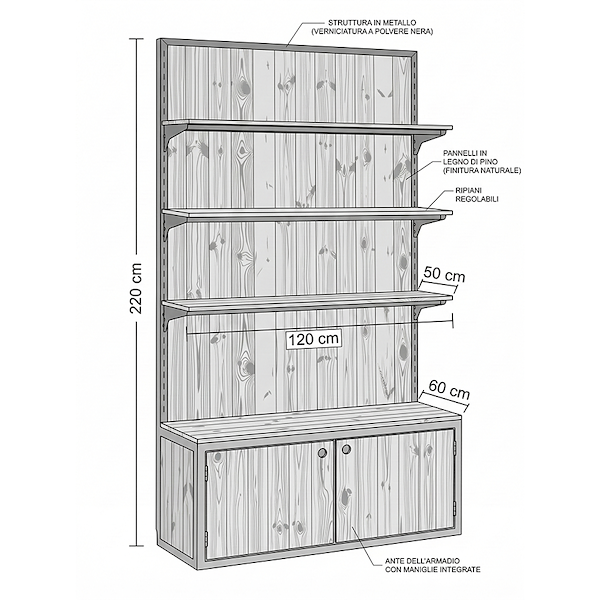 Étagère avec boîtes en bois naturel et profilé en fer peint en noir