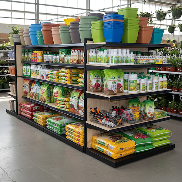 Gondole en bois naturel avec profil en fer noir