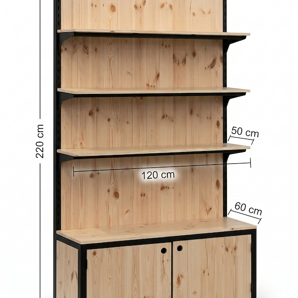 Estantería con cajas de madera natural y perfil de hierro pintado en negro