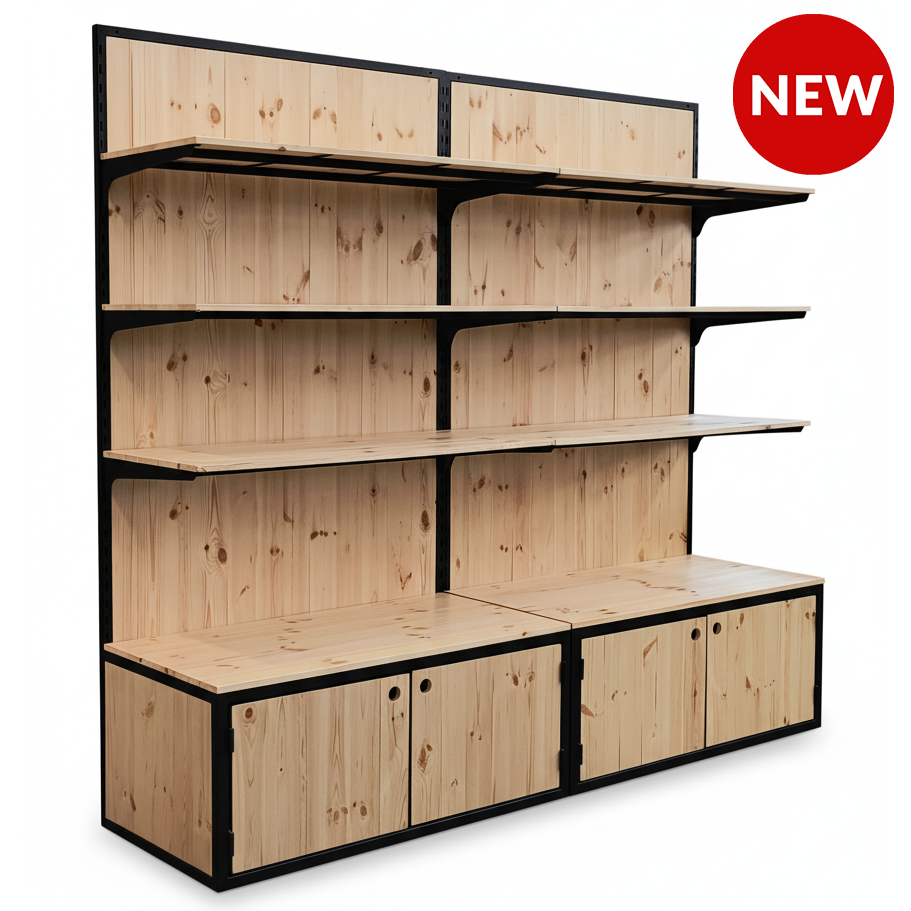 Scaffalatura con box in legno naturale con profilo in ferro verniciato nero