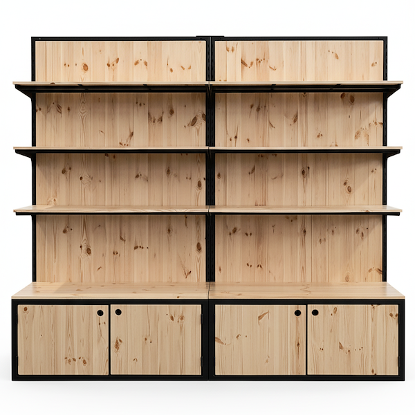 Estantería con cajas de madera natural y perfil de hierro pintado en negro