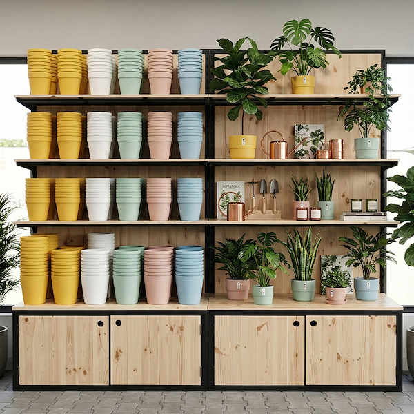 Estantería con cajas de madera natural y perfil de hierro pintado en negro