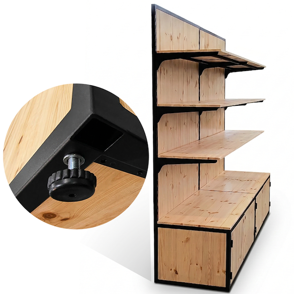 Estantería con cajas de madera natural y perfil de hierro pintado en negro