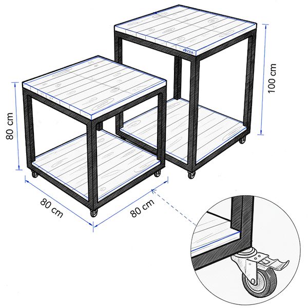 table with two wood shelves on wheels